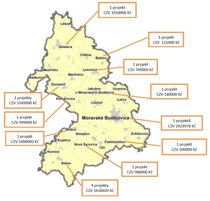 Mapa projektů 2-4 výzva - Moravskobudějovicko